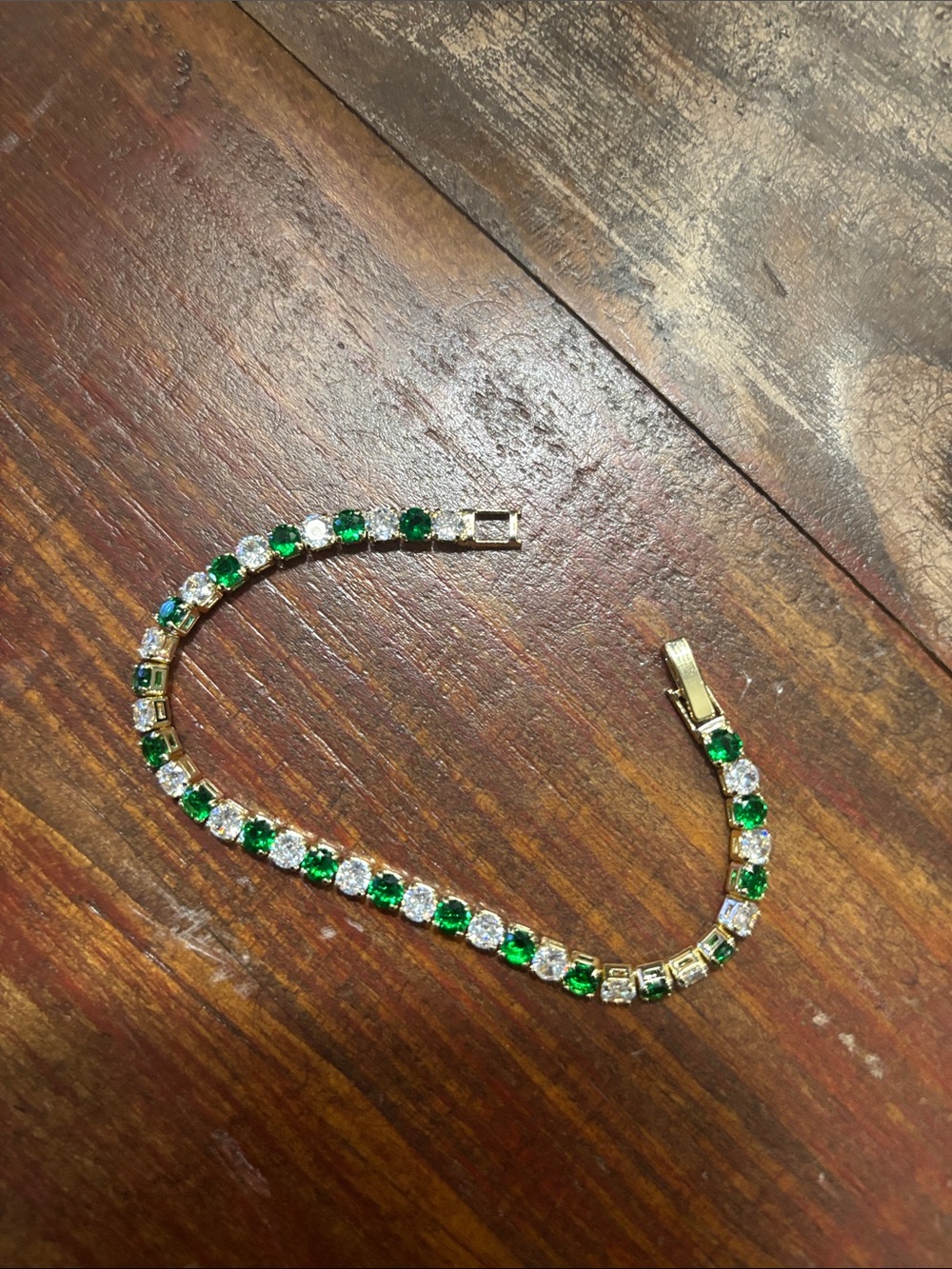 Gold Tennis Bracelet with Green and Clear Stones